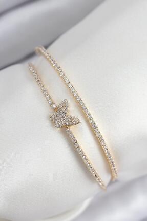 Oflia Zirkon Taşlı Kelebek Model Gold Renk Kadın Bileklik