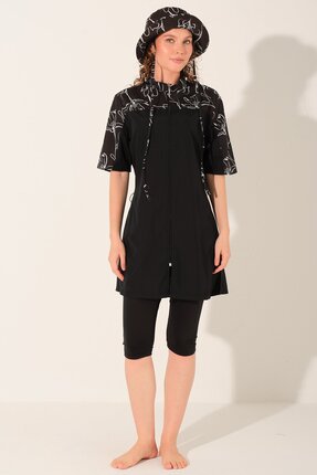 Alfasa Şapkalı Önden Fermuarlı Yarım Kol Yarı Kapalı Mayo - ALF26714