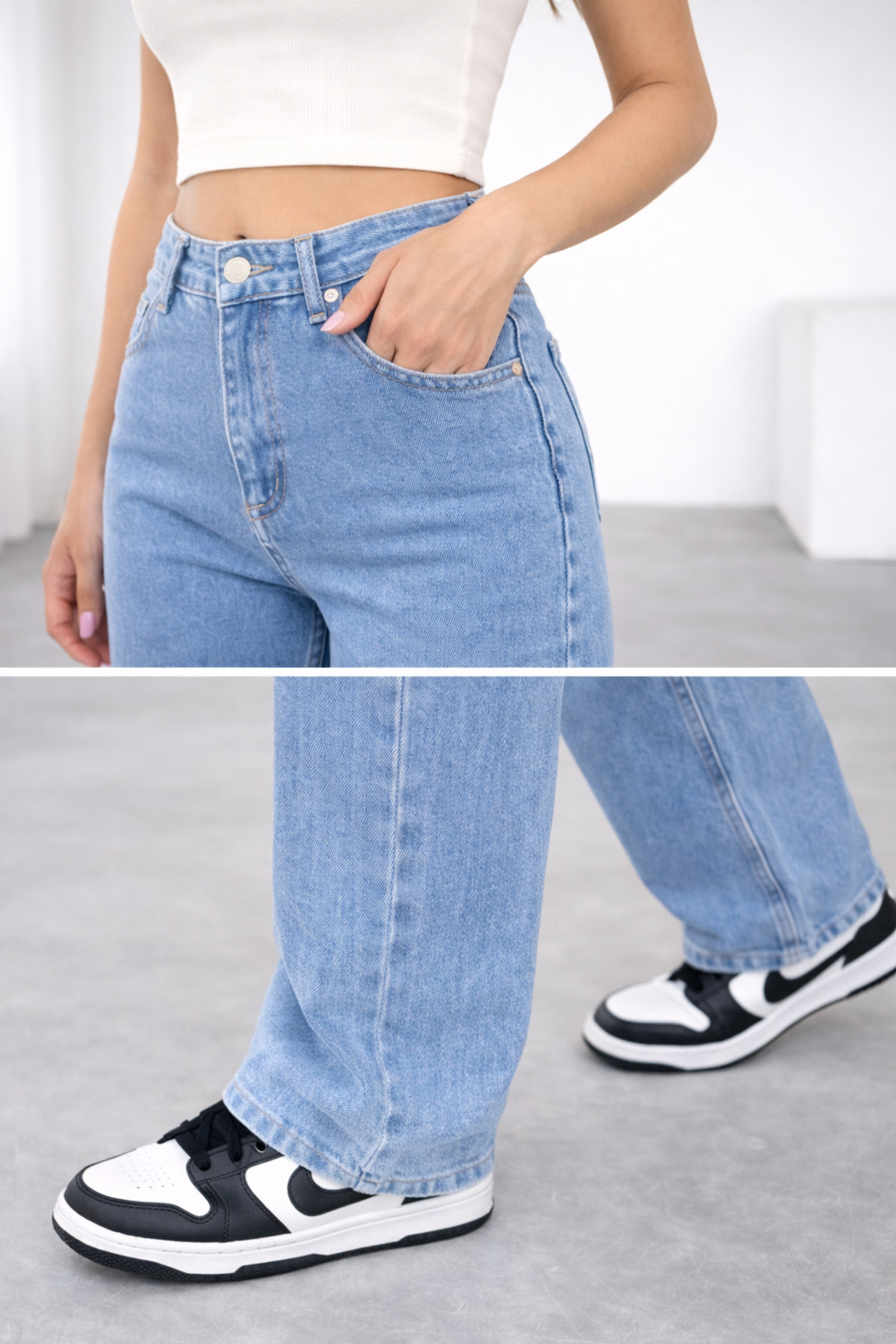 Lighter Jeans  Kadın Mavi Yüksek Bel Likralı Bol Paça Wide Leg Mom Fit Jean Pantolon - Görsel 6