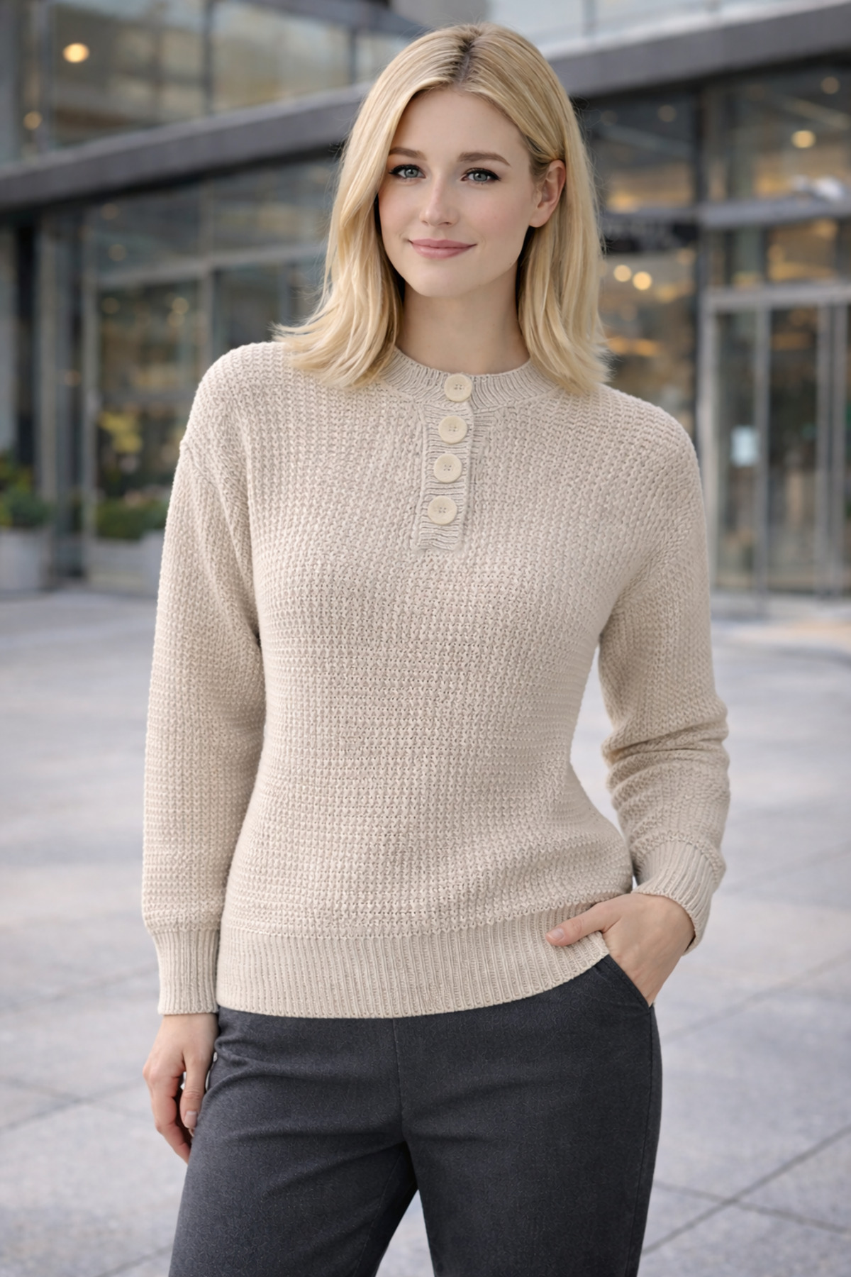 AQE FASHION Kadın Triko Kazak Bej Düğmeli Bisiklet Yaka Basic Uzun Kollu Kışlık Şık Yumuşak Dokulu görsel 7