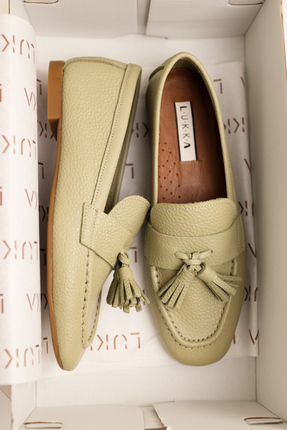 by selvi Lukka Shoes Hakiki Deri Kadın Adeen Avokado Ponponlu El yapımı Babet