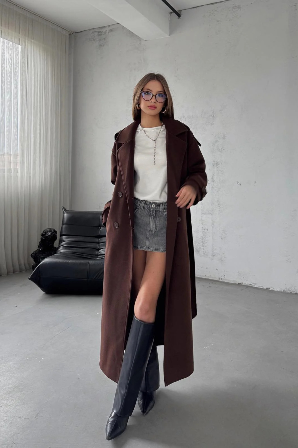 NET OF NOT  Kahverengi Kuşaklı Yeni Sezon Astarlı Premium Kalite Rahat Kalıp Kadın Kaşe Kaban Mont - Görsel 2