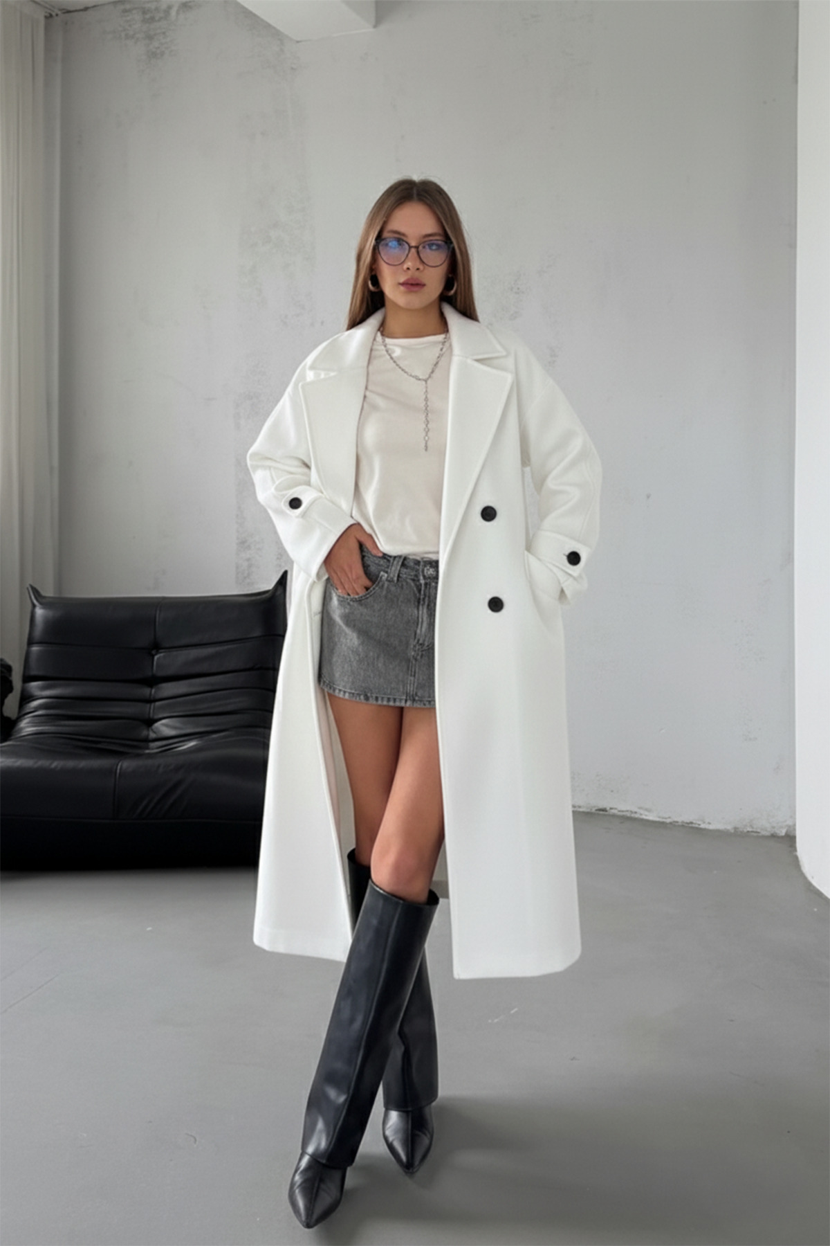 NET OF NOT  Kırık Beyaz Kuşaklı Yeni Sezon Astarlı Premium Kalite Rahat Kalıp Kadın Kaşe Kaban Mont - Görsel 2