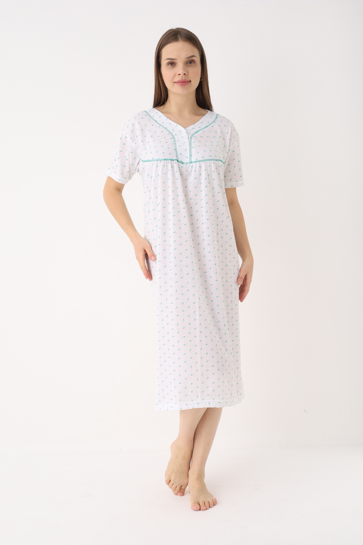 YASAR UNDERWEAR Kadın Pamuklu Kısa Kollu Desenli Uzun Boy Gecelik