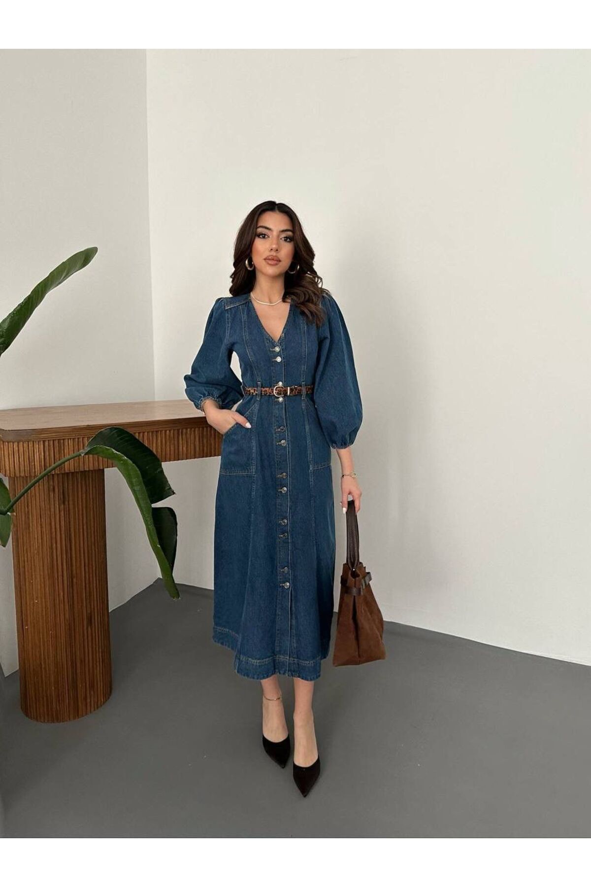 Ekim Store  V Yaka Yarım Kol Düğmeli Kot Elbise - Görsel 5