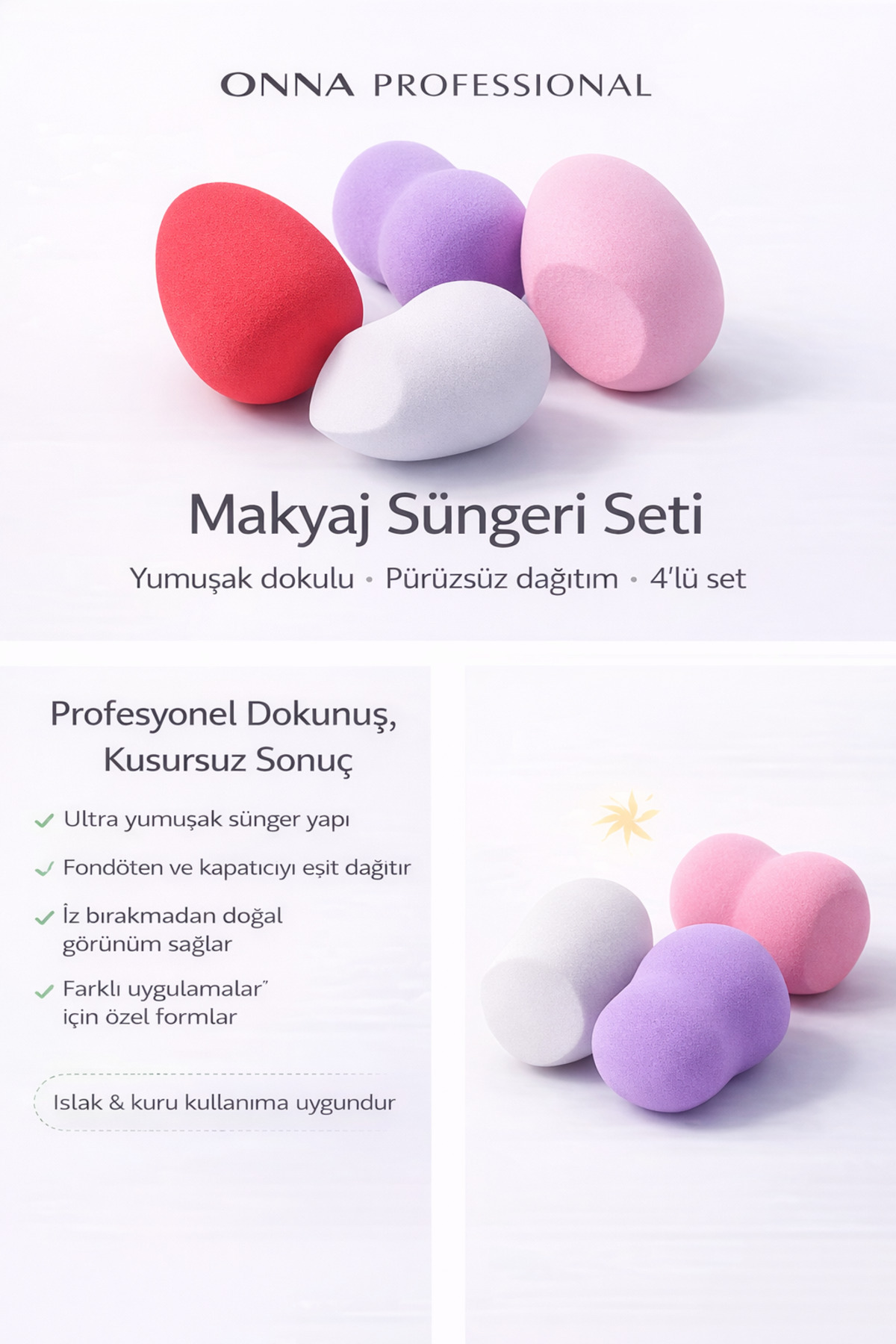 ONNA PROFESSIONAL Makyaj Süngeri Seti 4’lü – Ultra Yumuşak, Pürüzsüz Dağıtım, Islak & Kuru Kullanım — ONNA-SÜNGER4