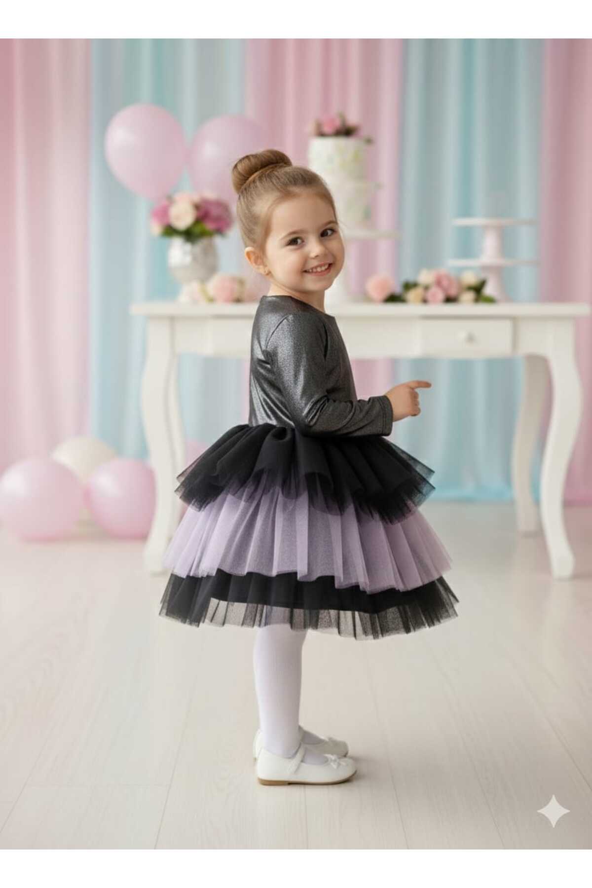 penu baby kids Siyah-Mor Kuromi Parlak Jarse Kat Etekli Uzun Kolu Kız Çocuk Kız Bebek Elbise fotoğrafı 2 (önizleme)