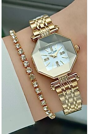 Tom Jones Yeni Model İçi Taşlı Kadın Kol Saati Kesme Cam Gold Renk Kordon-SU ...