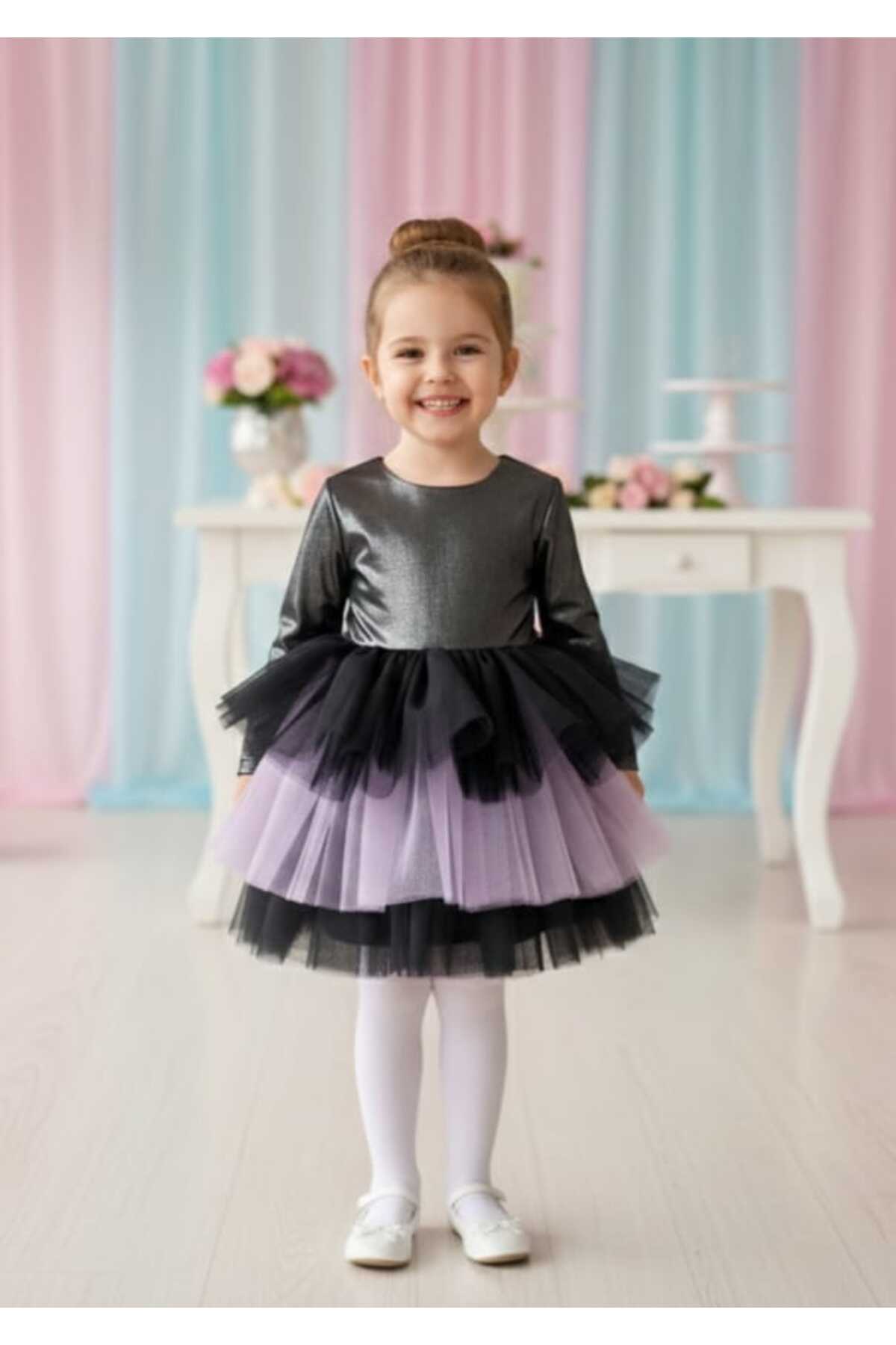 Black-Purple Kuromi Shiny Jersey Long Sleeve Baby Girl Dress with Tiered Skirt