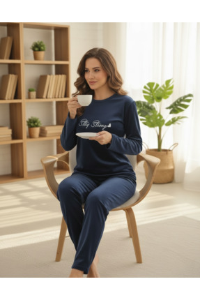 MODA Kadın Lacivert Exclusive Comfort Uzun Kollu Kadife Pijama Takımı