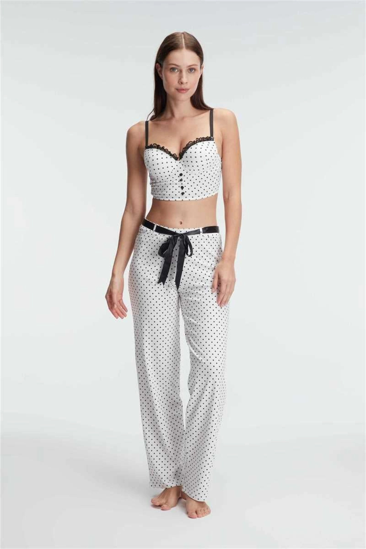 Miravm Fantezi Bralet Sütyen Pamuklu Puantiye Desenli Desteksiz Dantel Detaylı Pijama Takımı