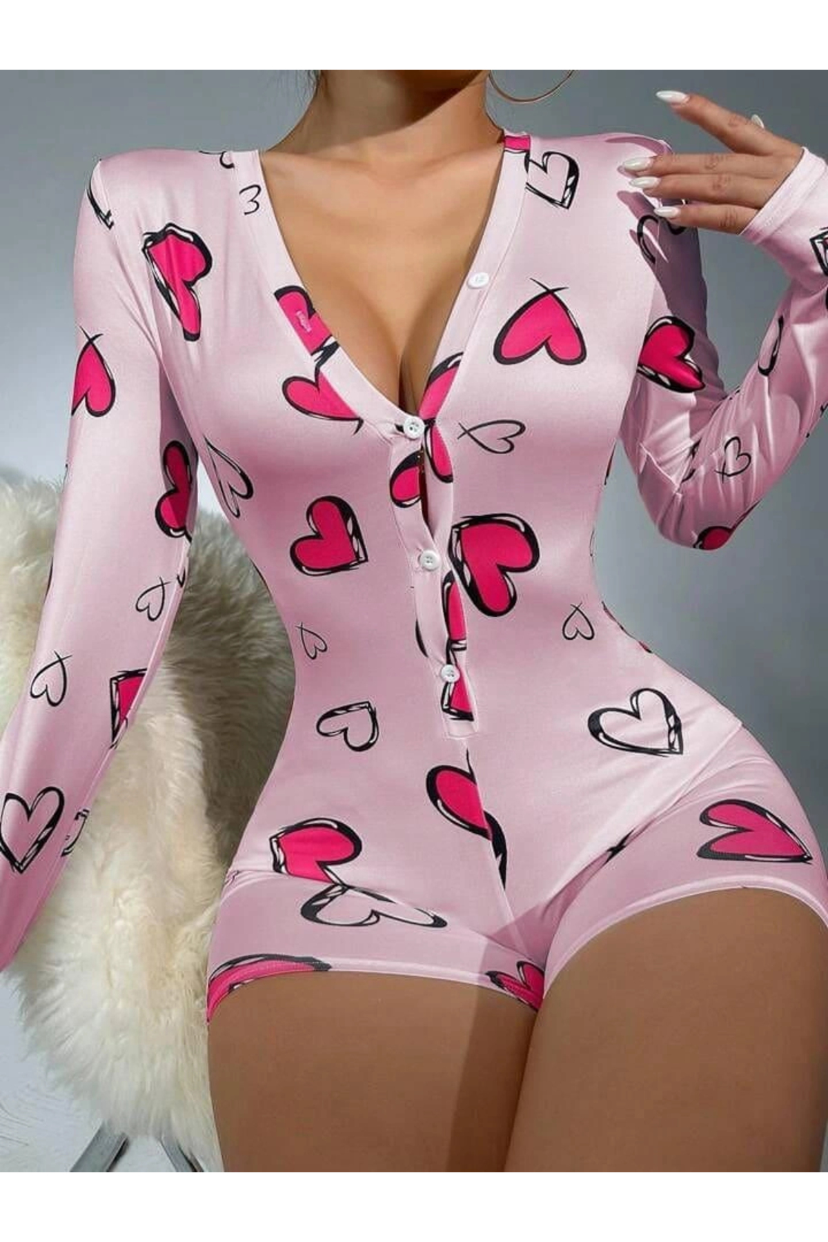 Miravm Pamuklu Pembe Kalp Desenli Düğmeli Uzun Kol Tulum Pijama