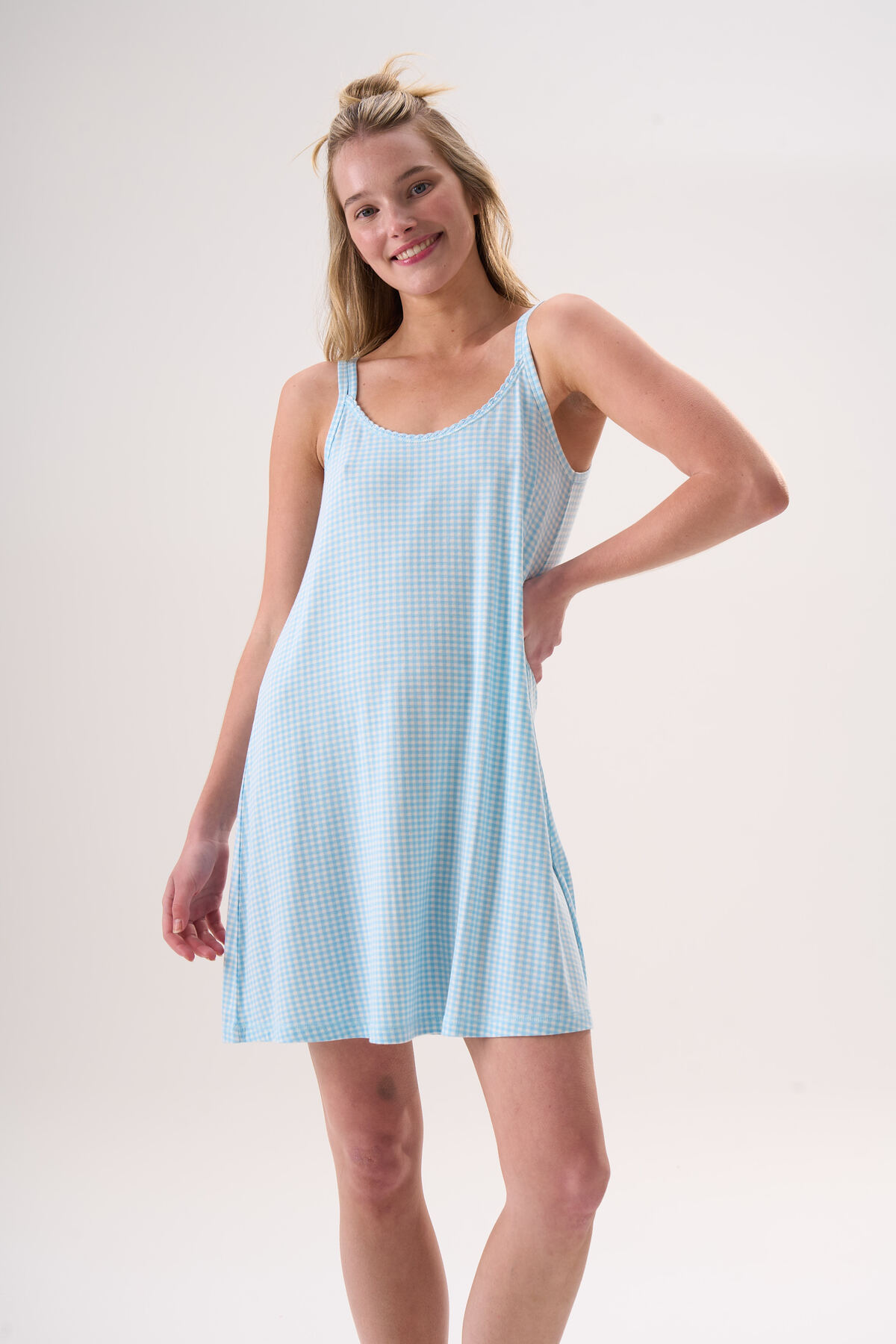 troise etoile Bambu İp Askılı Ekose Kareli Yazlık Kadın Elbise 26004-06