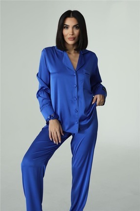 Abruzzo Saks Mavisi Saten Uzun Pijama Takımı Gömlek Yaka