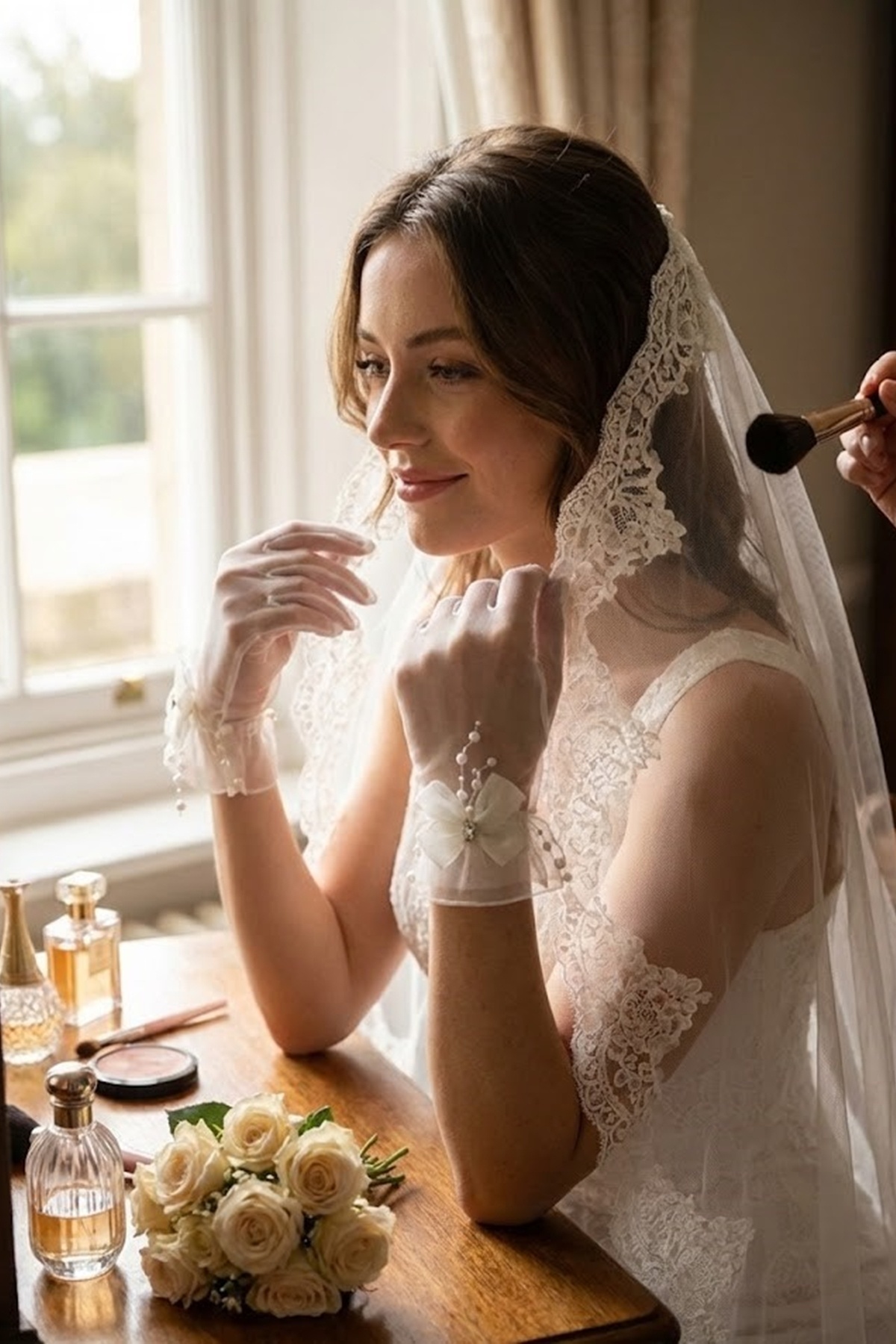 Hobigram  Opalia Fiyonk & İnci Sarkaç Detaylı Bilek Üstü Tül Gelin Eldiveni - Görsel 3