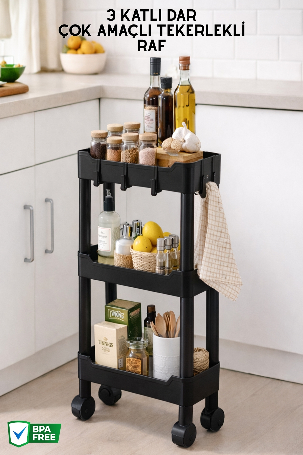3-Tier Narrow, Multipurpose, Wheeled Organizer Shelf, Sink Bottom Organizer