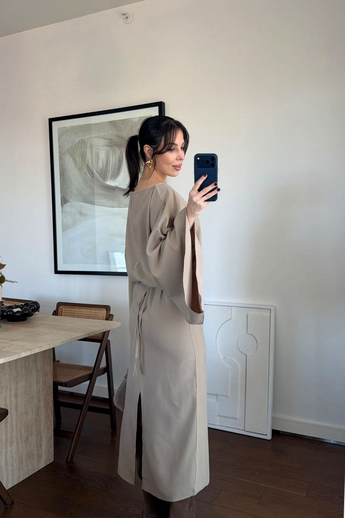 FMN Moda  kadın yarasa kol yırtmaçlı kuşaklı arkadan bağlama detaylı elbise - Görsel 5