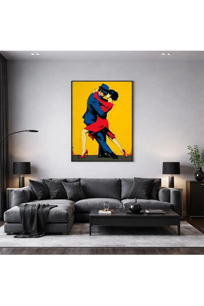 PosterPazar Tango Dansı Çift Poster – Kırmızı Elbise, Sarı Fon Modern Duvar D...