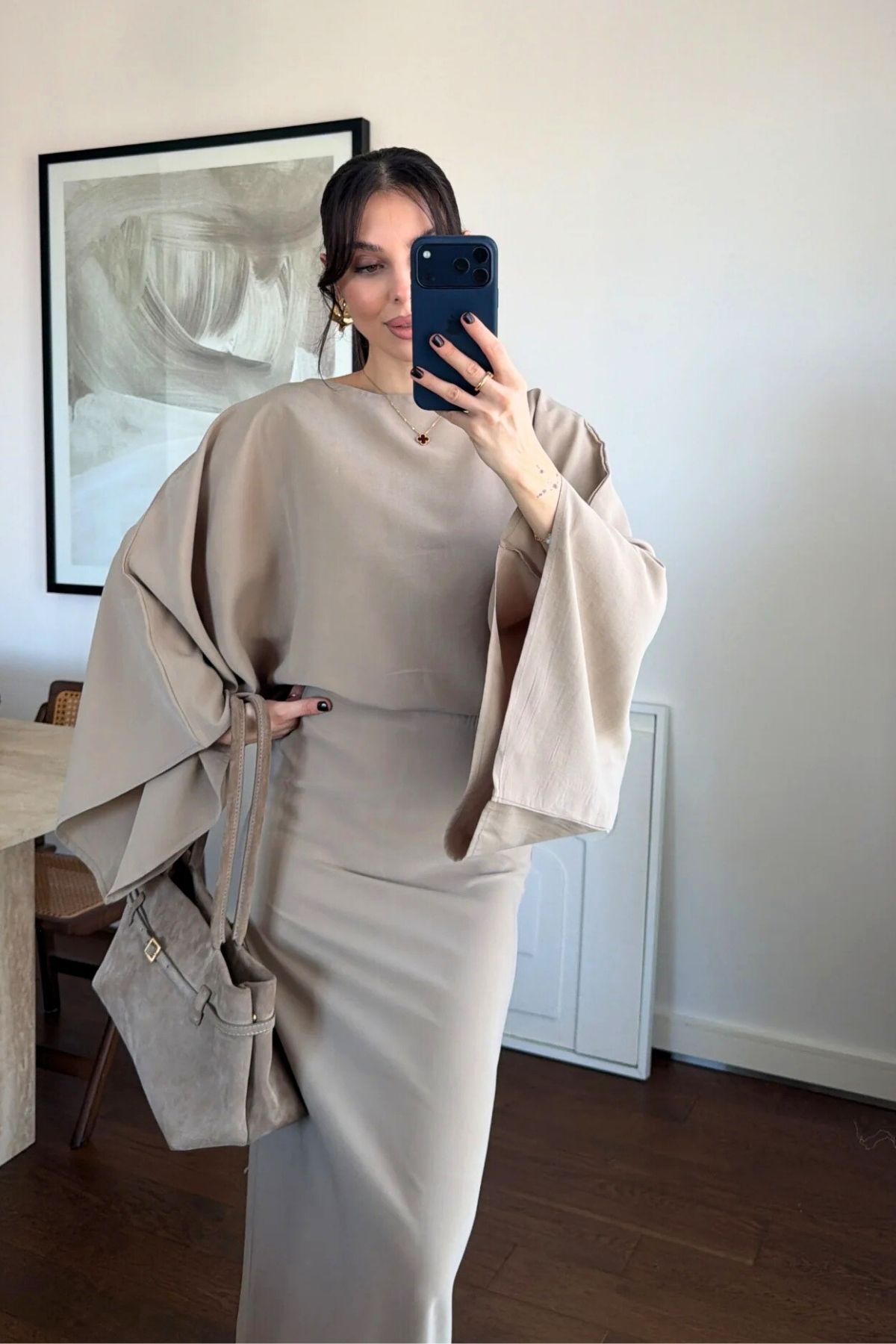 FMN Moda  kadın yarasa kol yırtmaçlı kuşaklı arkadan bağlama detaylı elbise - Görsel 4