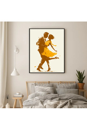 PosterPazar Swing Dansı Çift Silüeti Poster | Minimal Sarı Elbiseli - Kanvas