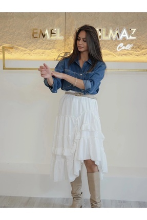 EMEL ERYILMAZ Fırfır Detaylı Asimetrik Etek Beyaz/Siyah
