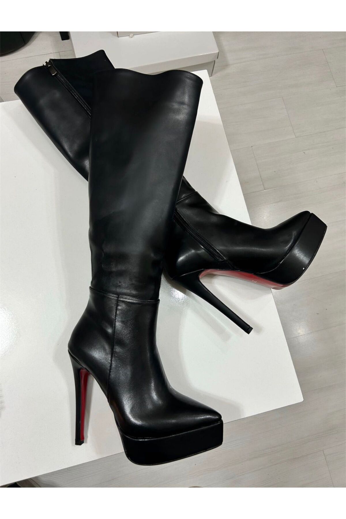 HOXİE  Kadın Topuk Uzun Çizme Fermuarlı Diz Altı Boy Topuk 12cm Ön Platform 4cm - Görsel 2