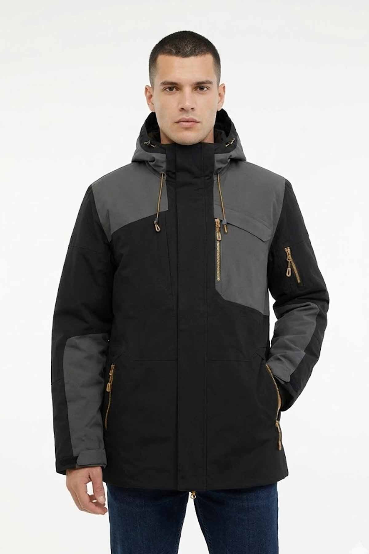 lumberjack Erkek Siyah Gri Mont -Su İtici Rüzgar Geçirmez Kapüşonlu - Premium Kışlık Mont — مشکی SN17 HENRY COAT 1PR