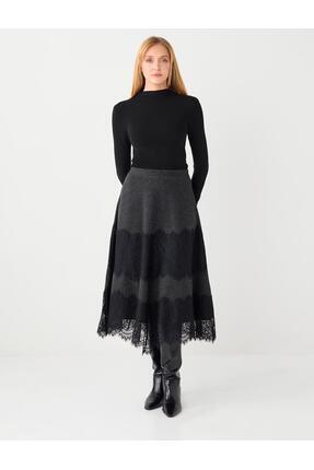 Jimmy Key Antrasit Melanj Dantel Detaylı Yüksek Bel Yumuşak Dokulu Midi Etek