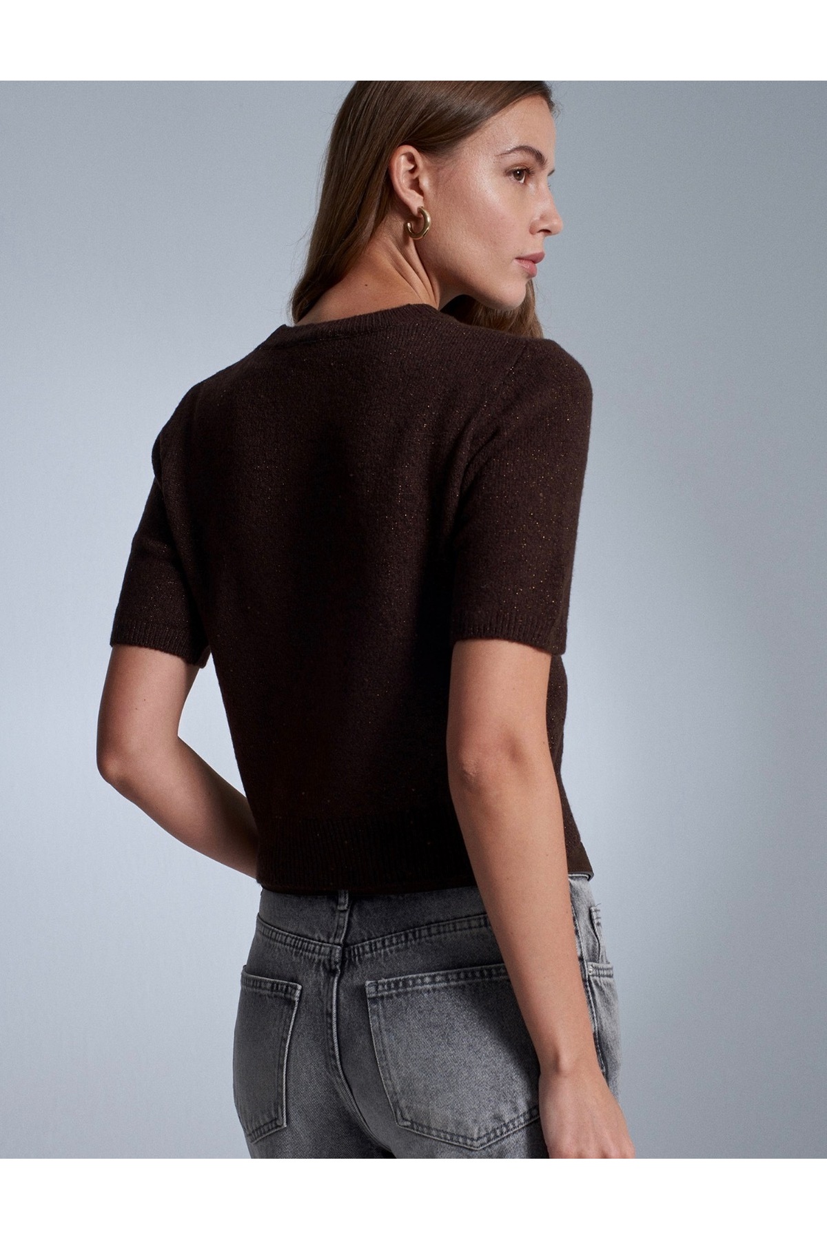 Dilvin  Parıltılı Kısa Kollu Kazak-Kahve - Görsel 2