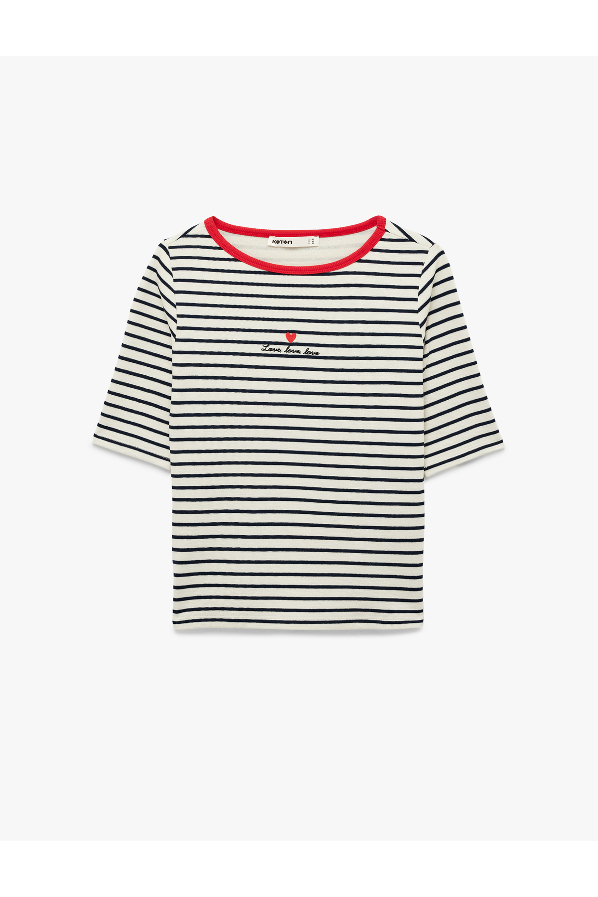 Koton  Slim Fit Kısa Kollu Bisiklet Yaka Kalpli Nakış Detaylı Çizgili Tişört - Görsel 3