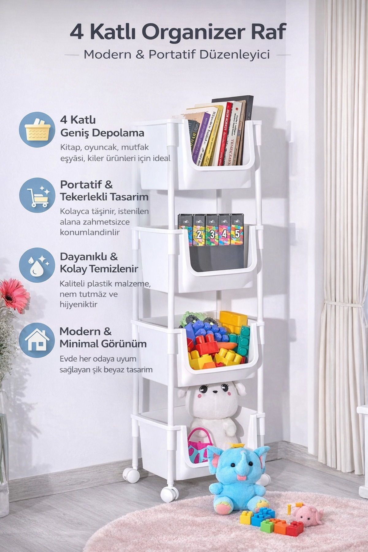 4-Tier Organizer Toy Cabinet Bathroom Shelf Kitchen Shelf Pantry Organizer Basket