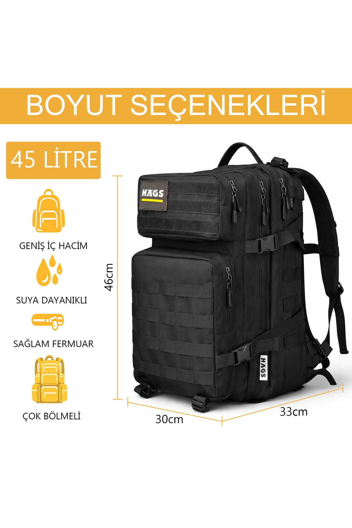 HAEGS  Taktik Sırt Çantası, Seyahat Çantası, Ordu Derecesinde Sağlam, Seyahat Sırt Çantası 45L -Siyah - Görsel 4