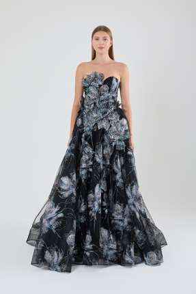 ROJBEY KADIN KALP YAKA ÇİÇEK APLİKE DETAYLI DESENLİ TÜL UZUN ŞIK ABİYE ELBİSE