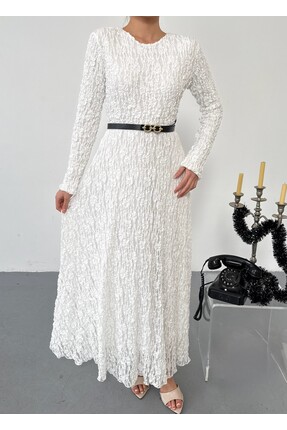 Queensland Zarafet Kemer Detaylı Uzun Dantel Elbise