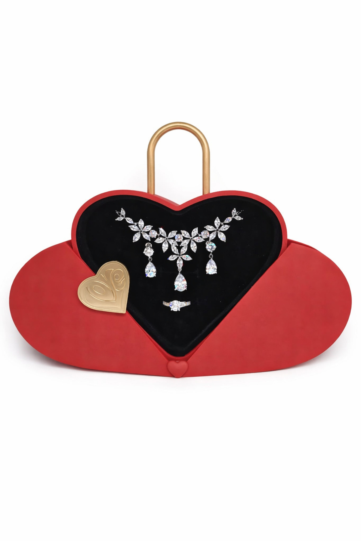 Love Lock Zirkon Taşlı Kalp Set – Özel Kutulu Kolye Küpe Yüzük Takımı