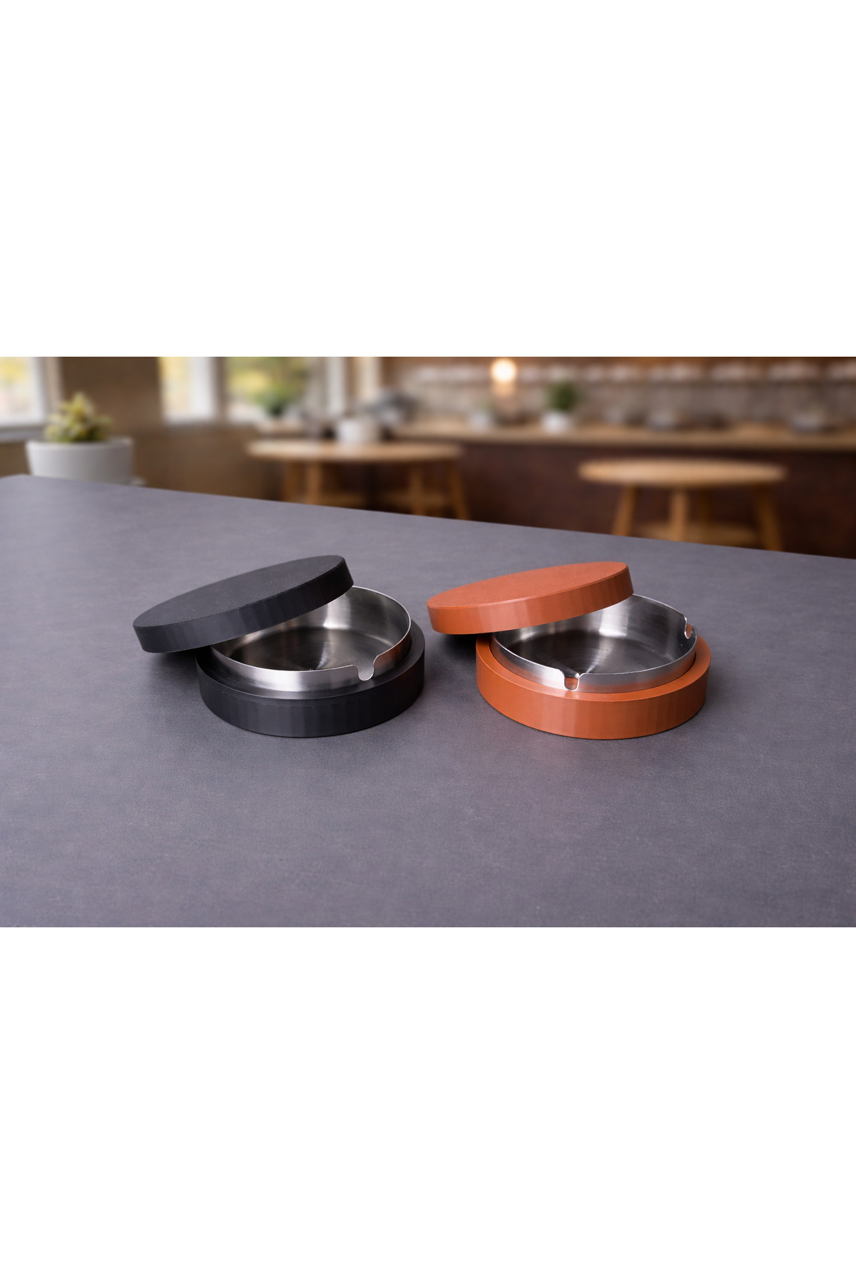 2-Piece Steel Ashtray Set, Stylish Design Table Top Ashtray, Stainless Steel Inner Chamber 10x3 Cm.