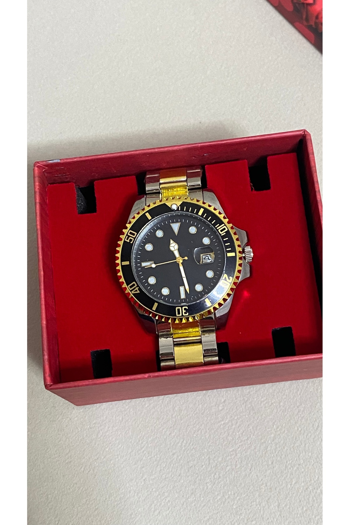 Yegane  Erkek Çelik Kordonlu Takvimli Siyah Kadranlı Şık Kol Saati Döner Bezel Çerçeve - Görsel 5