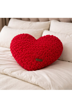 Ayona El Örgüsü Kırmızı Puffy Kalp Yastık - Ultra Yumuşak Hediyelik Dekoratif...