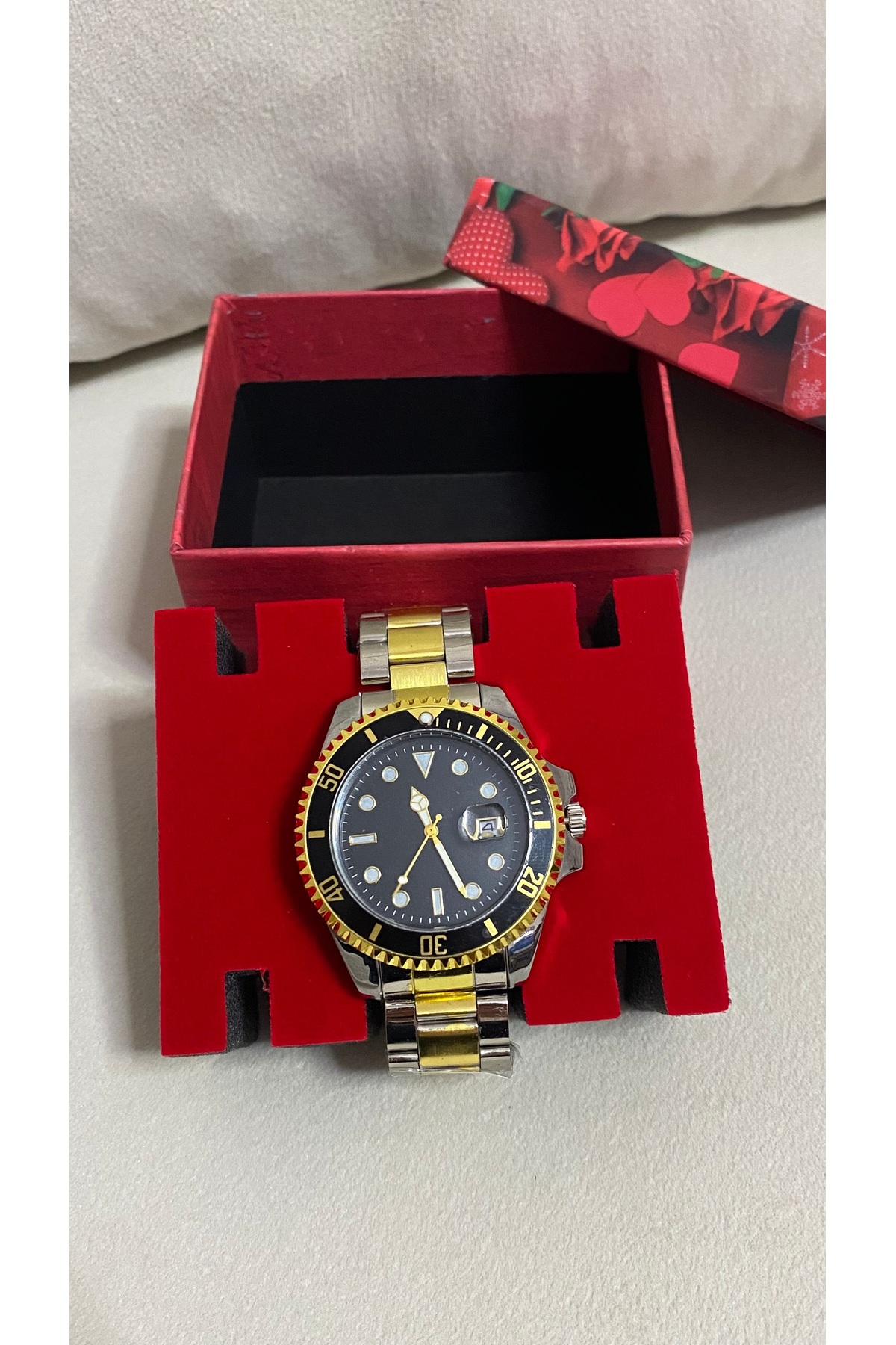 Yegane  Erkek Çelik Kordonlu Takvimli Siyah Kadranlı Şık Kol Saati Döner Bezel Çerçeve - Görsel 4