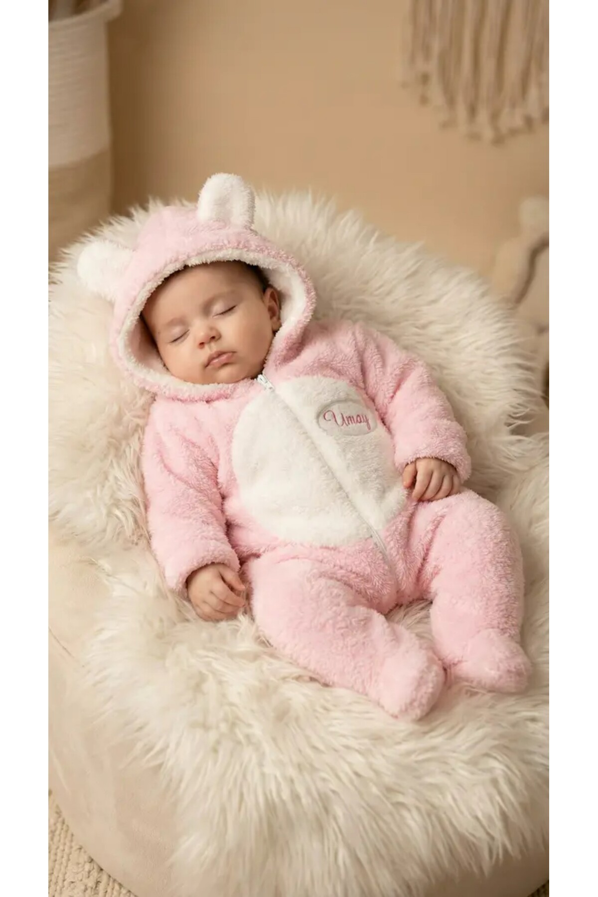 Baby Clime 0–12 Ay İsimli Bebek Tulumu – Peluş Ayıcık Kapüşonlu Ayaklı Tulum fotoğrafı 5 (önizleme)