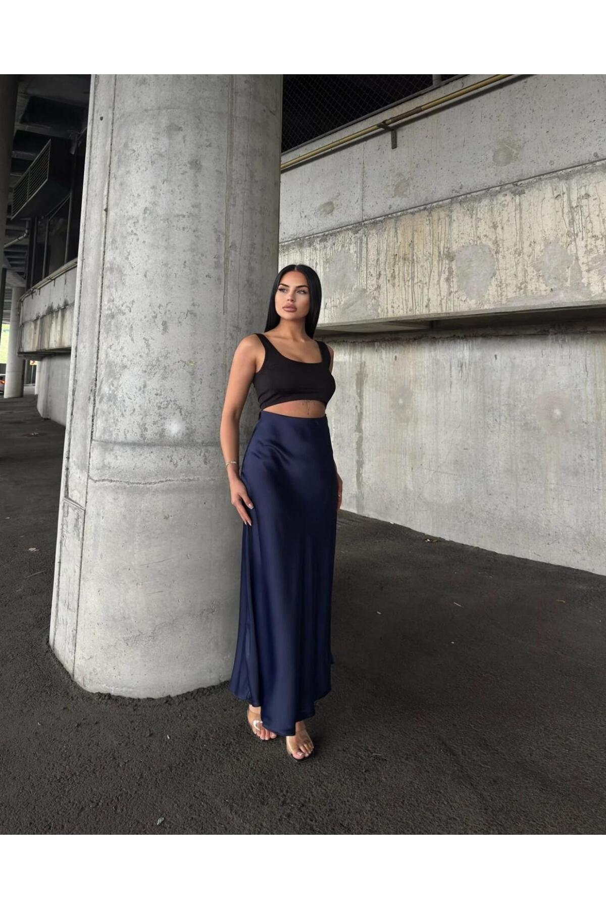 Mynoa  Şık parlak Saten Kemeri Lastikli 94cm Kloş Maxi Boy Etek - Görsel 4