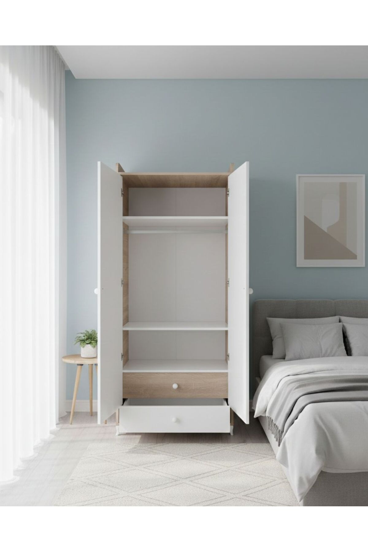 BANANA BABY MOJO BEBEK ÇOCUK VE GENÇ ODASINA UYGUN İKİ KAPILI İKİ ÇEKMECELİ DOLAP VE GARDIROP fotoğrafı 6 (önizleme)