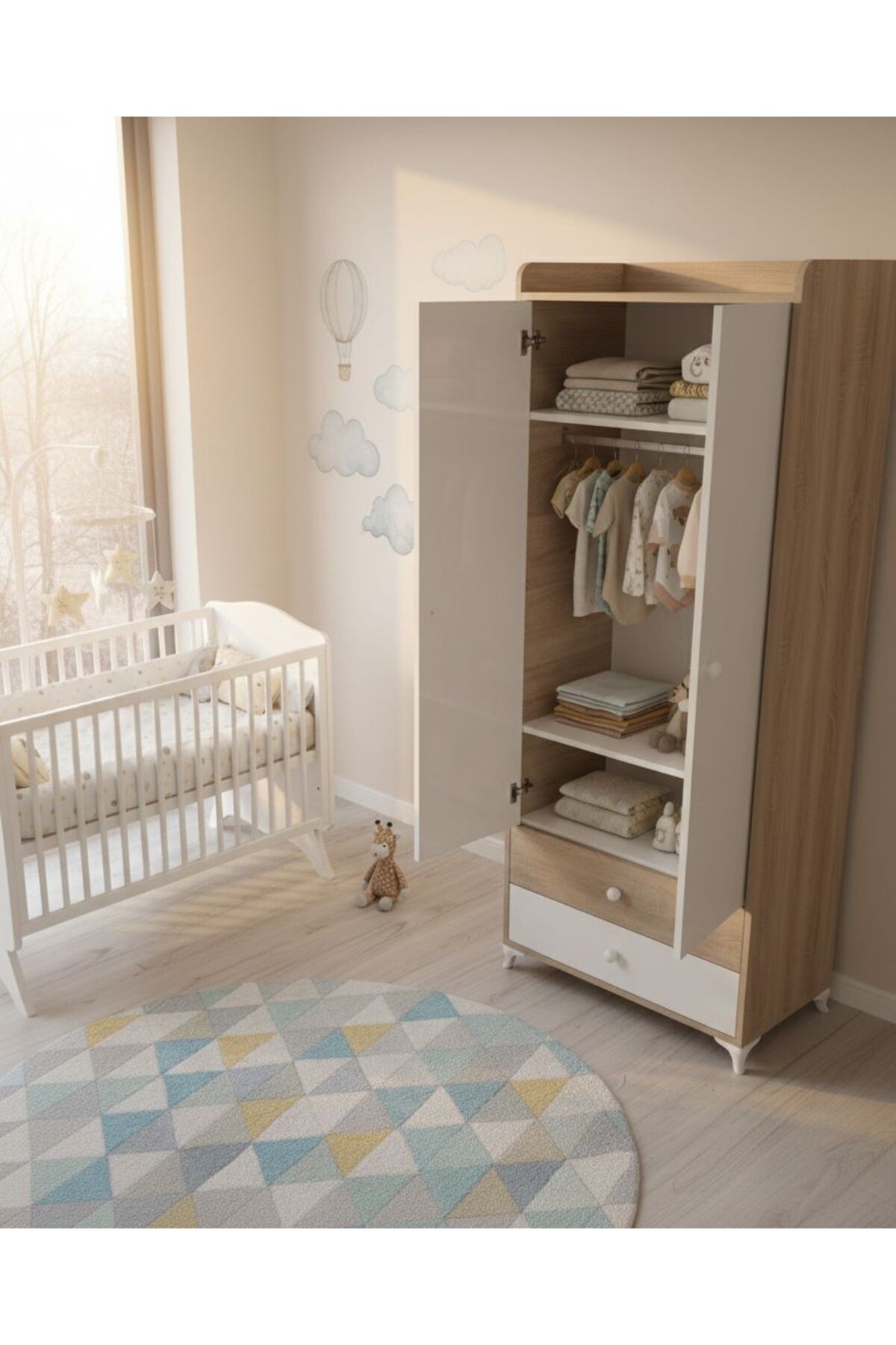 BANANA BABY MOJO BEBEK ÇOCUK VE GENÇ ODASINA UYGUN İKİ KAPILI İKİ ÇEKMECELİ DOLAP VE GARDIROP fotoğrafı 5 (önizleme)