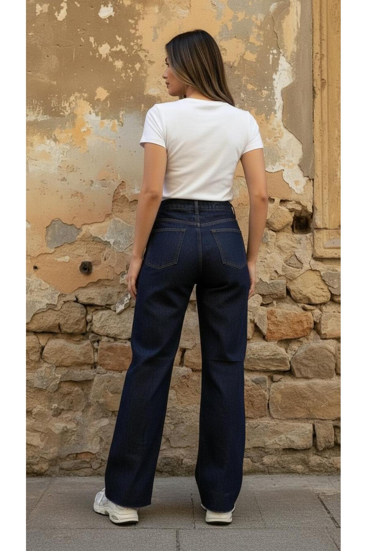 geenz manifacture  Dark Blue Koyu Lacivert Wide Leg Kesik Paça Likrasız Palazzo Jeans Palazzo Pantolon - Görsel 8