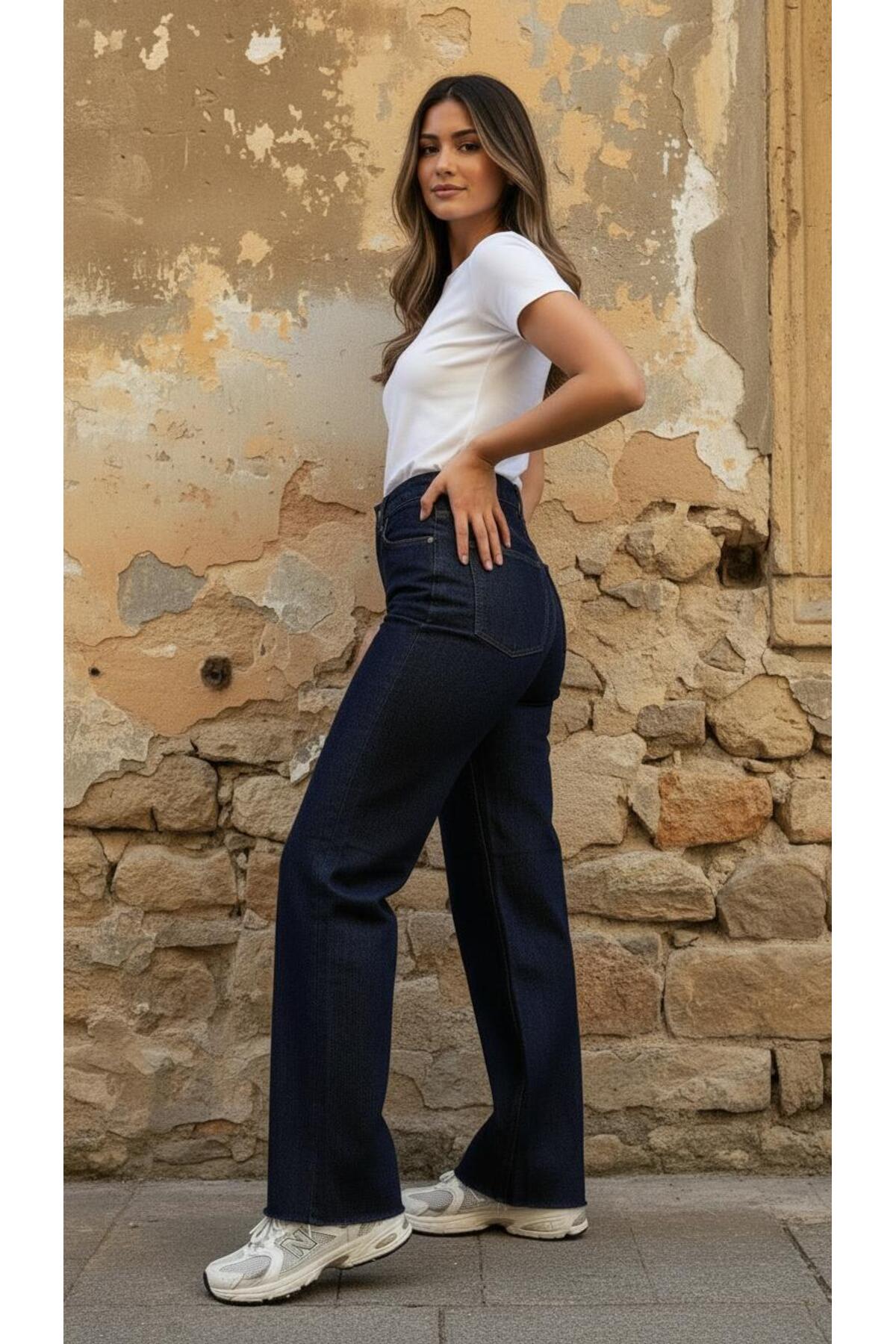 geenz manifacture  Dark Blue Koyu Lacivert Wide Leg Kesik Paça Likrasız Palazzo Jeans Palazzo Pantolon - Görsel 7