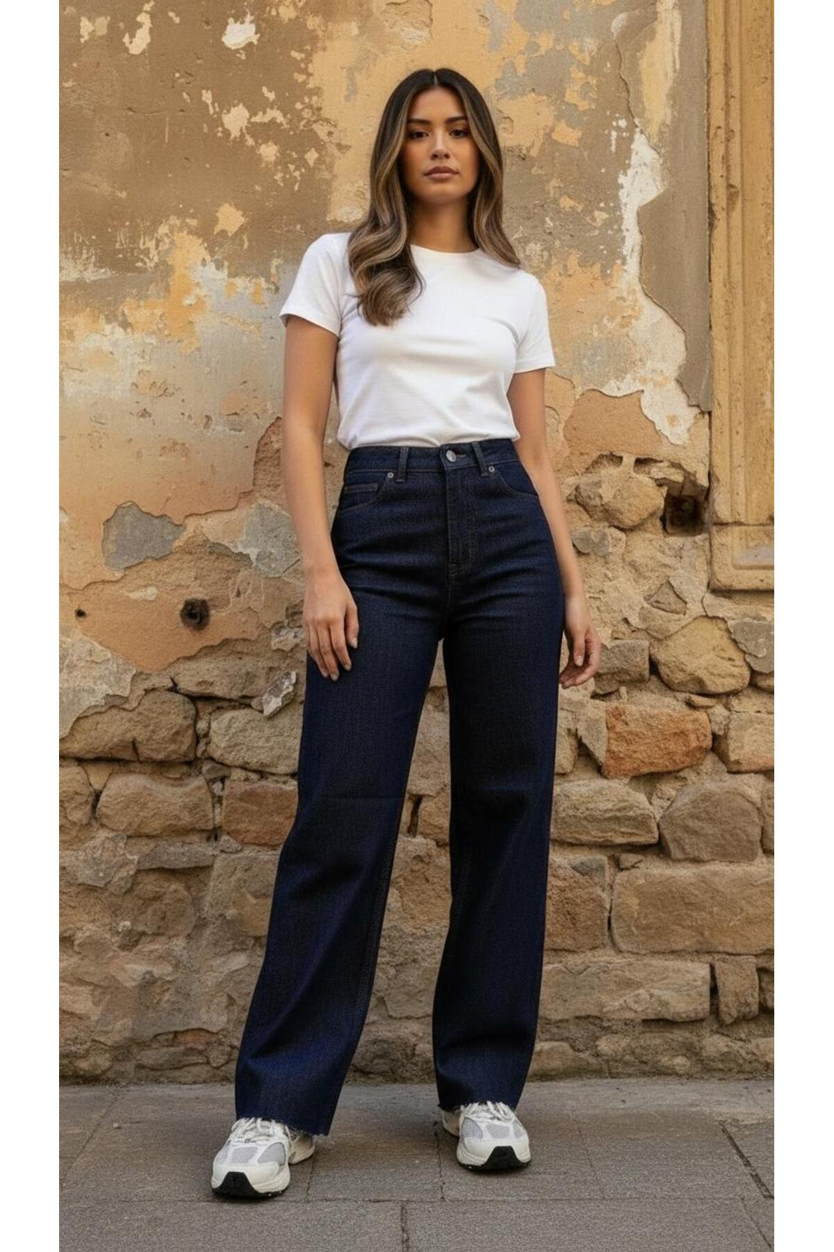 geenz manifacture  Dark Blue Koyu Lacivert Wide Leg Kesik Paça Likrasız Palazzo Jeans Palazzo Pantolon - Görsel 6