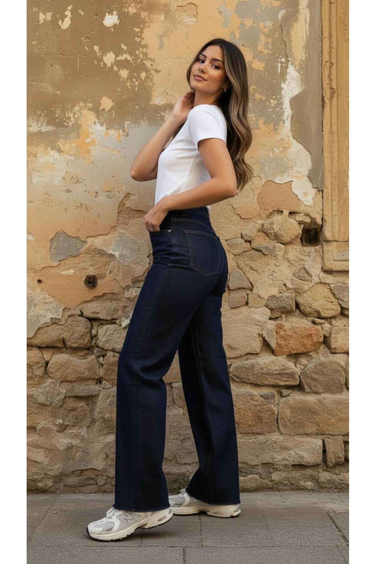 geenz manifacture  Dark Blue Koyu Lacivert Wide Leg Kesik Paça Likrasız Palazzo Jeans Palazzo Pantolon - Görsel 5