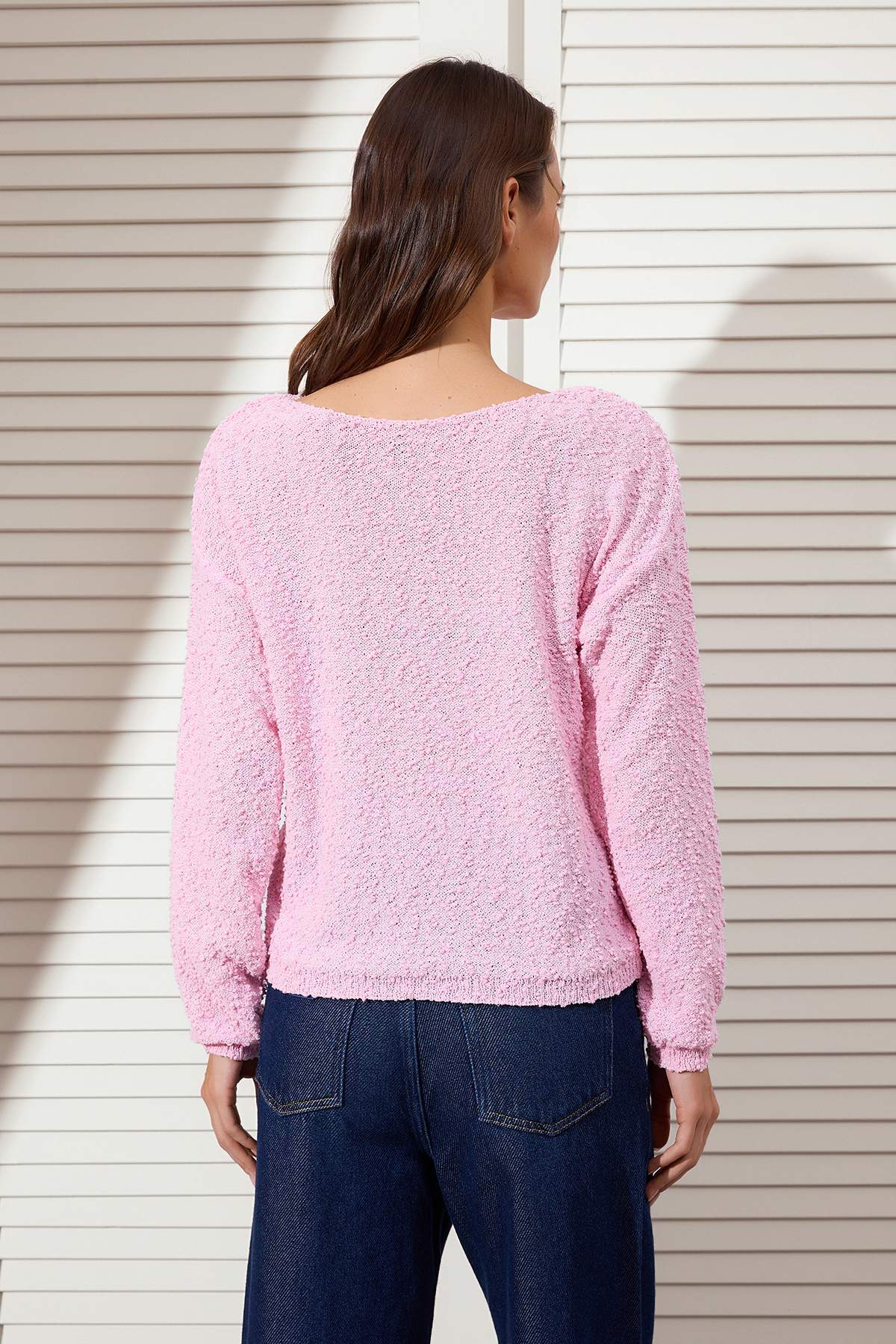 Trendyolmilla  Pembe Dokulu Kayık Yaka Triko Kazak TWOSS26KZ00007 - Görsel 8