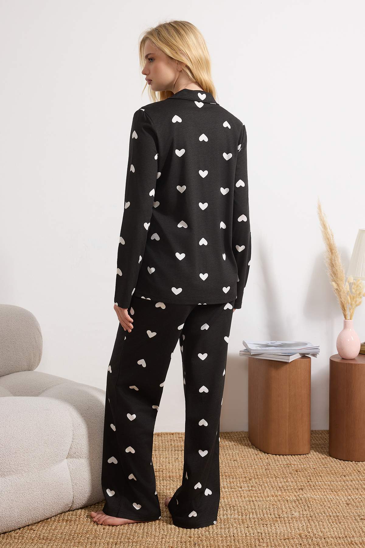 Trendyolmilla  Siyah %100 Pamuklu Kalpli Örme Pijama Takımı THMAW21PT0548 - Görsel 4