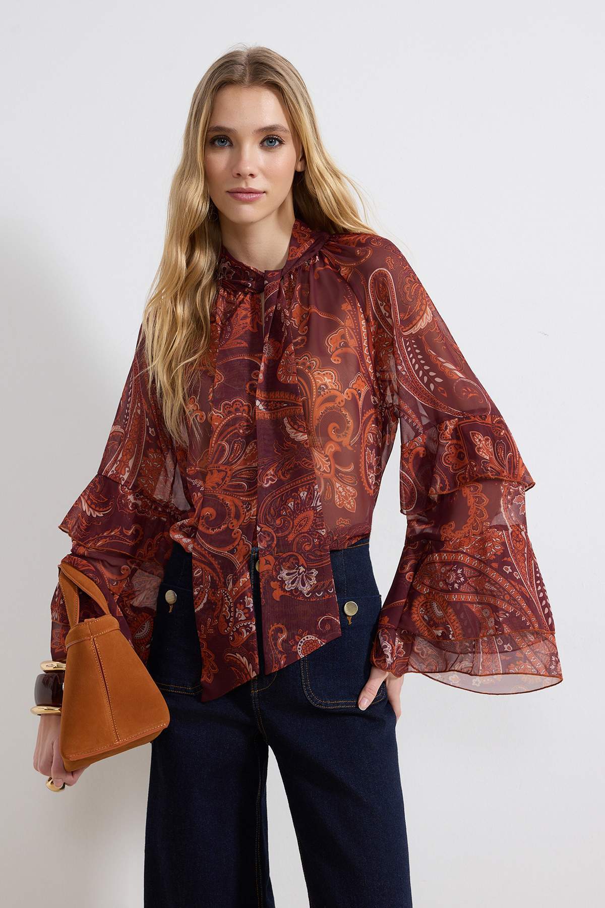 Trendyolmilla  Bordo Şal Desenli Kolları Fırfırlı Boho Transparan Şifon Bluz TWOSS26BZ00218